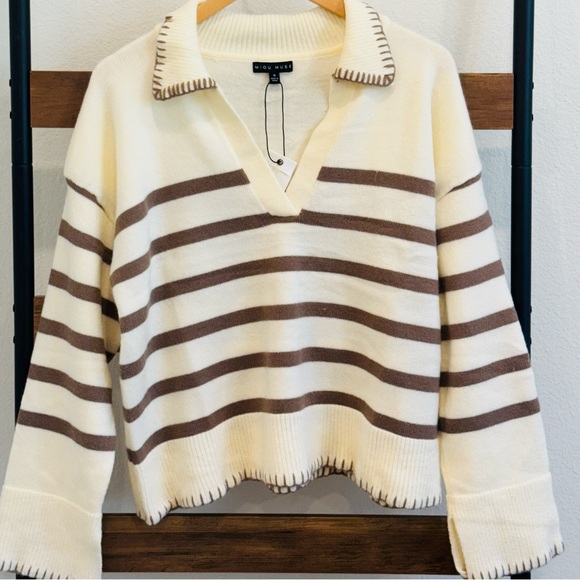 Mocha Stripe Collard Sweater with Stitch Bell Sleeve - Picture 2 of 3